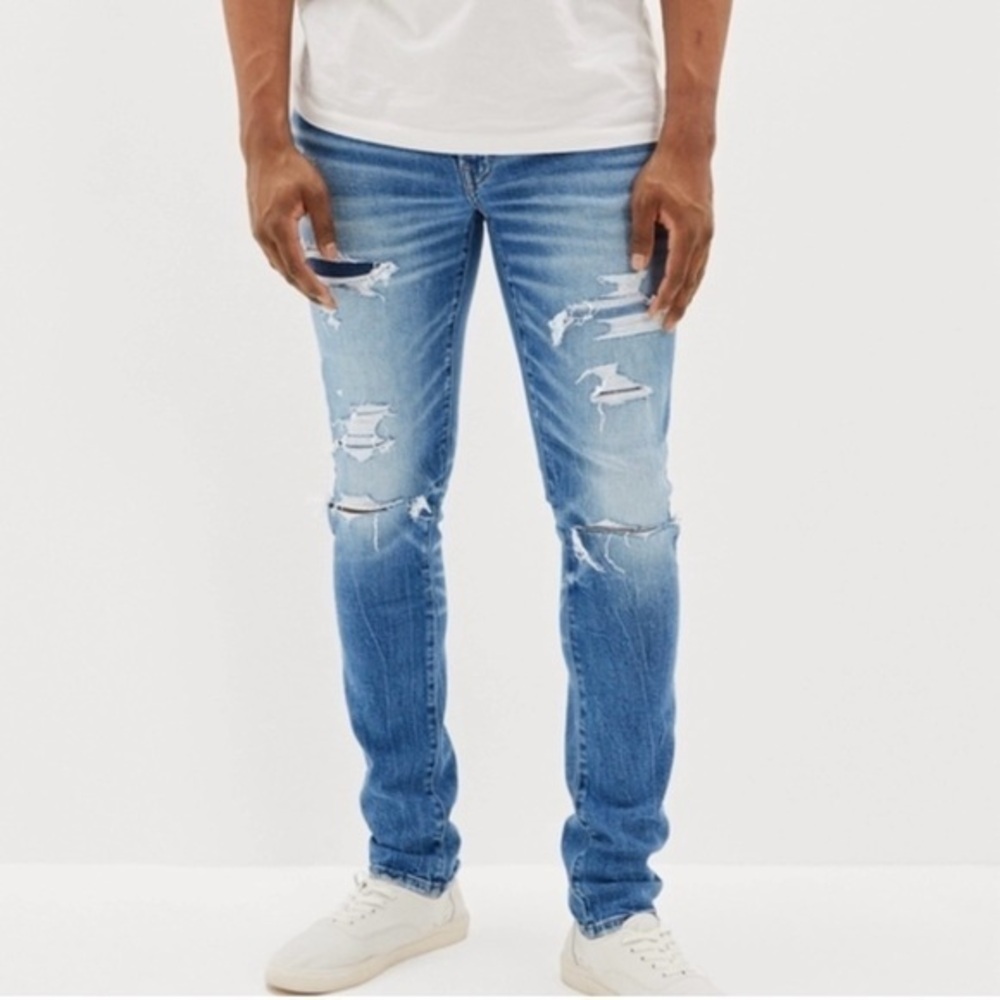 American Eagle Next Level Airflex Slim Dark Wash Ripped Blue Jeans Size 36 X 30.